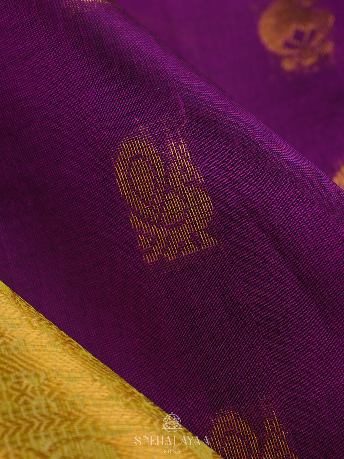 Purple Silk Cotton Saree with Zari Woven Buttas and Rich Golden Zari Border