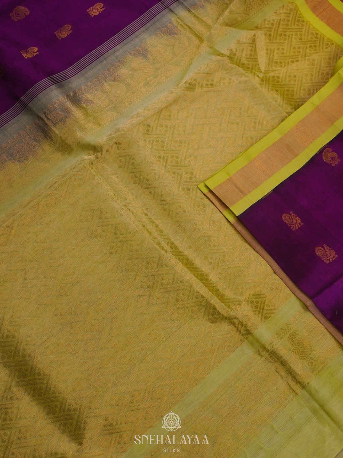 Purple Silk Cotton Saree with Zari Woven Buttas and Rich Golden Zari Border