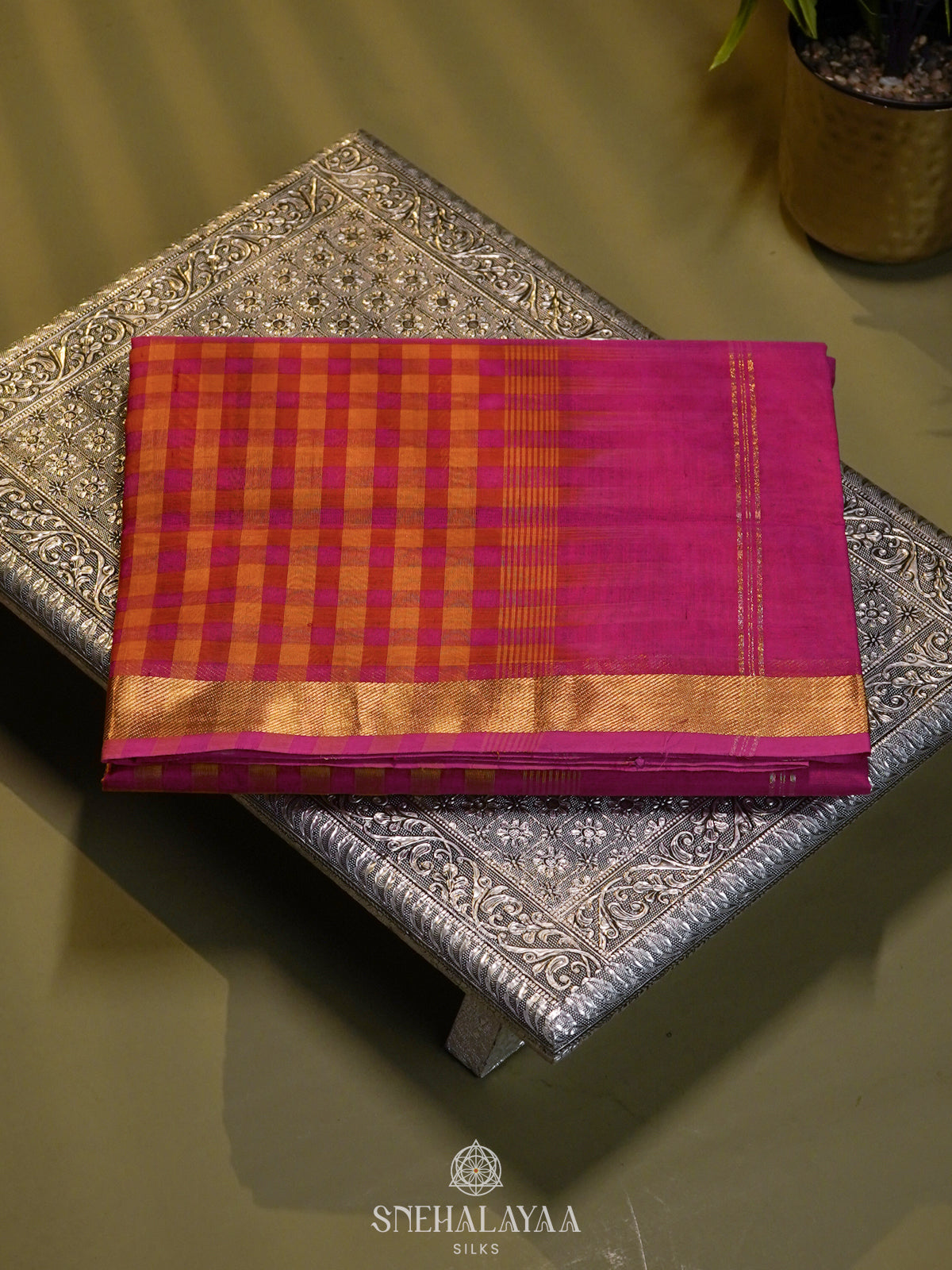Multicolour Checked Silk Cotton Saree with Paalum Pazhamum Design and Zari Woven Border