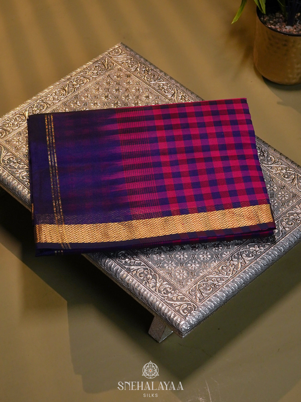 Multicolour Checked Silk Cotton Saree with Paalum Pazhamum Design and Zari Woven Border