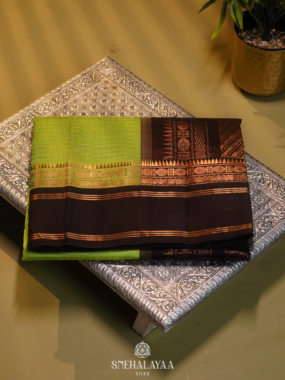Pista Green Kanchi Silk Cotton Saree with Zari Checks