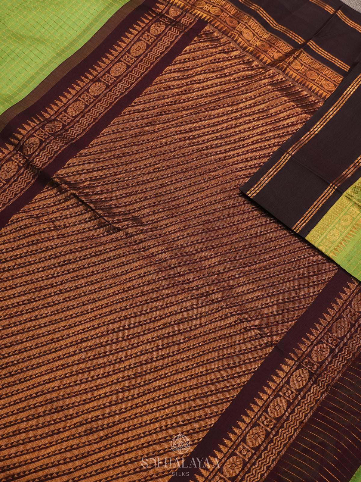 Pista Green Kanchi Silk Cotton Saree with Zari Checks