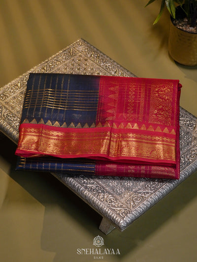 Navy blue Silk Cotton Saree with Zari Checks and Korvai Style Zari Border