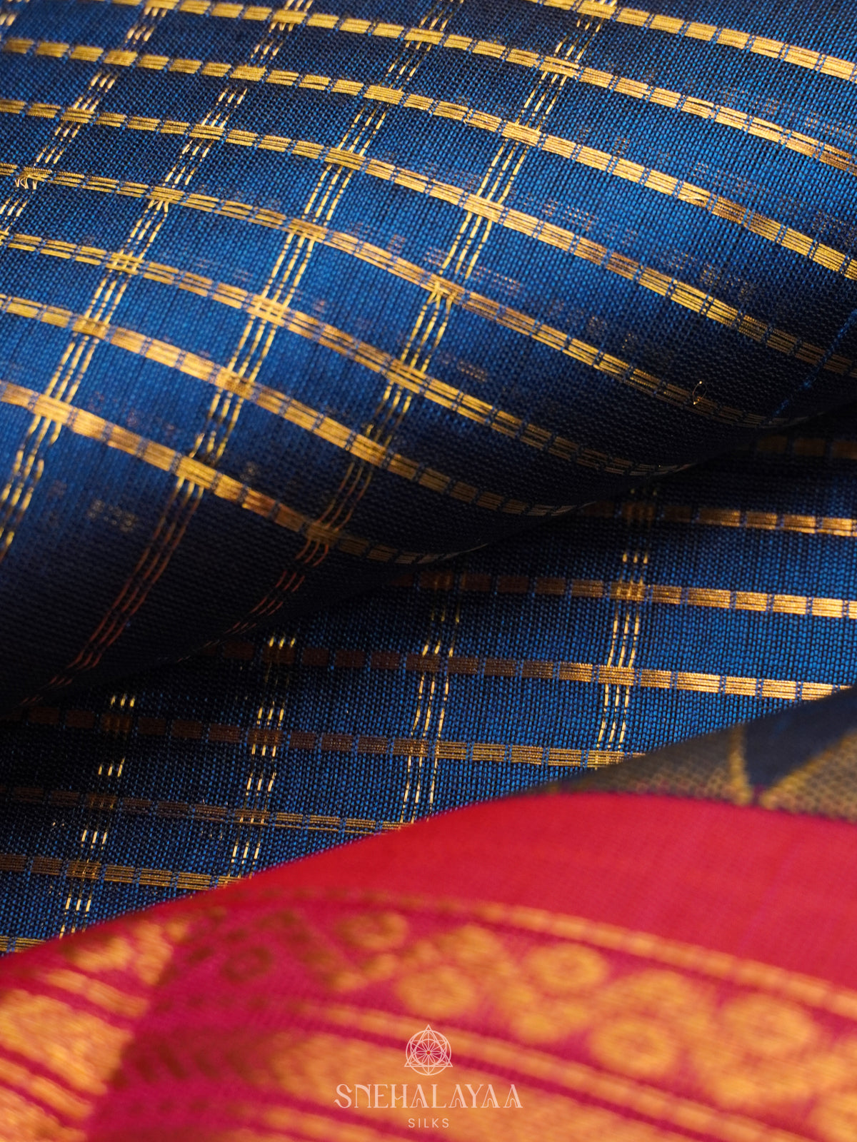 Navy blue Silk Cotton Saree with Zari Checks and Korvai Style Zari Border