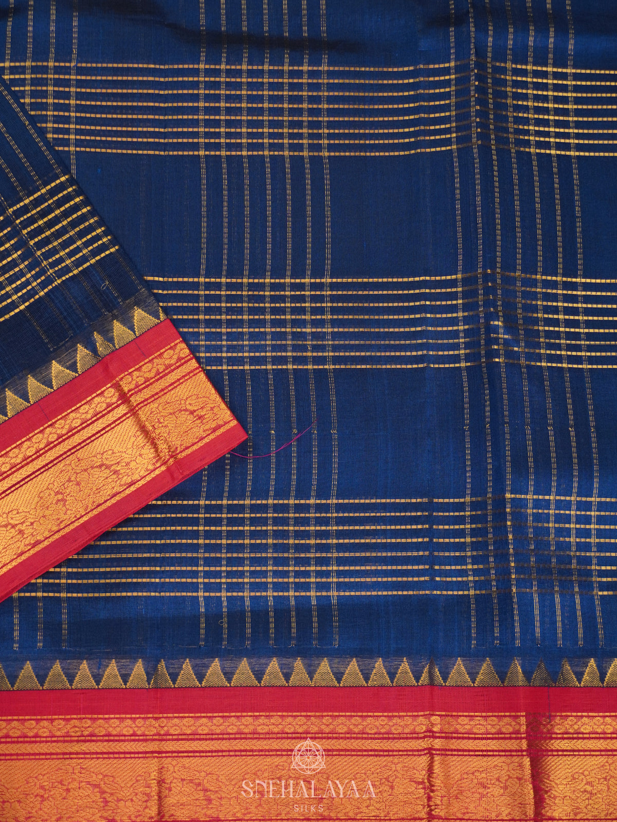 Navy blue Silk Cotton Saree with Zari Checks and Korvai Style Zari Border