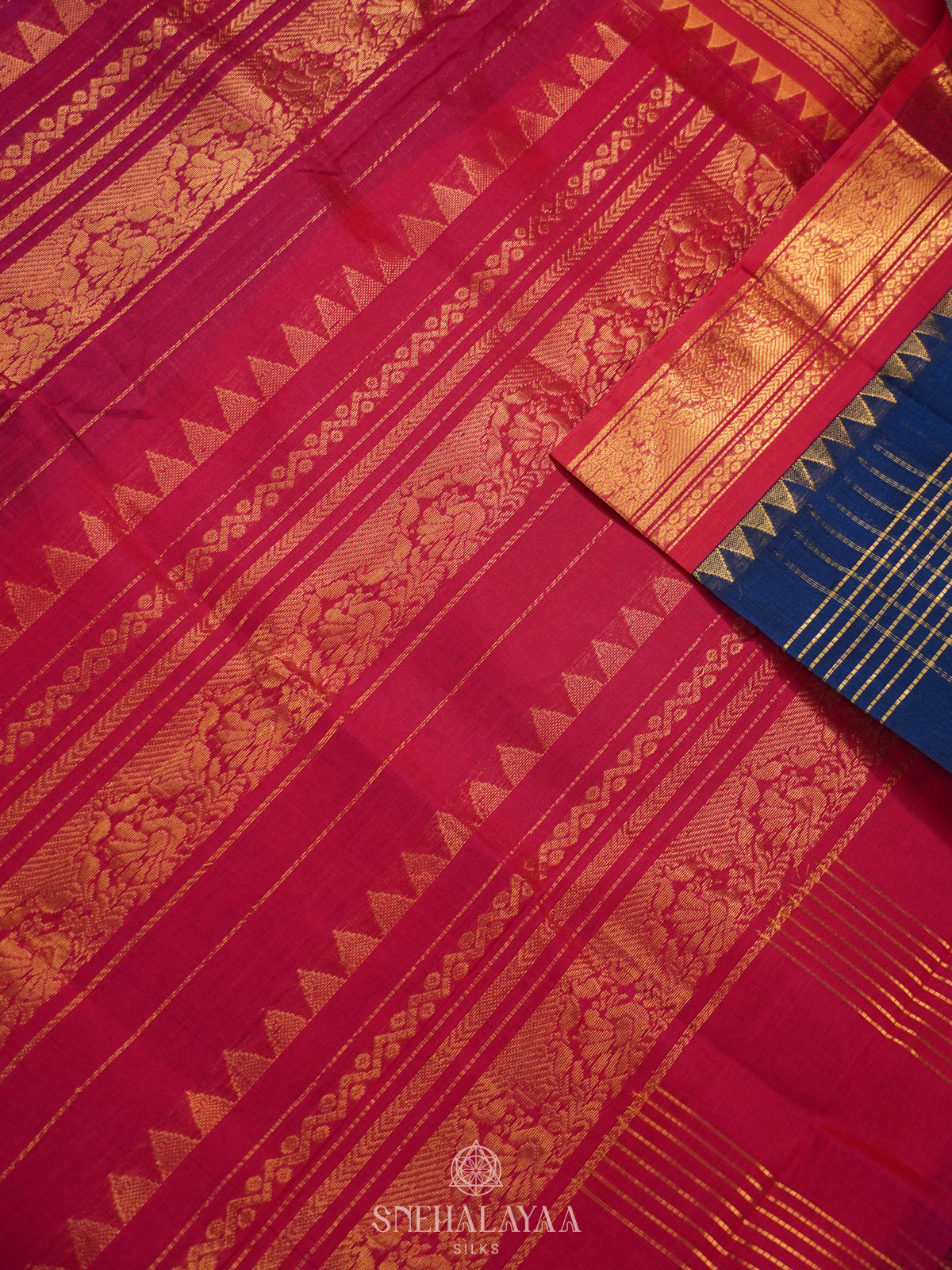 Navy blue Silk Cotton Saree with Zari Checks and Korvai Style Zari Border
