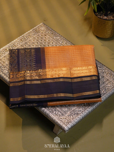 Golden Beige Kanchi Silk Cotton Saree with Zari Checks
