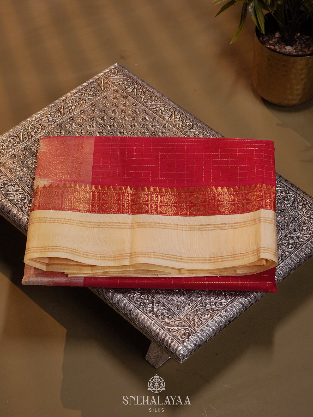 Red Kanchi Silk Cotton Saree with Zari Checks