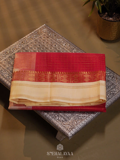 Red Kanchi Silk Cotton Saree with Zari Checks
