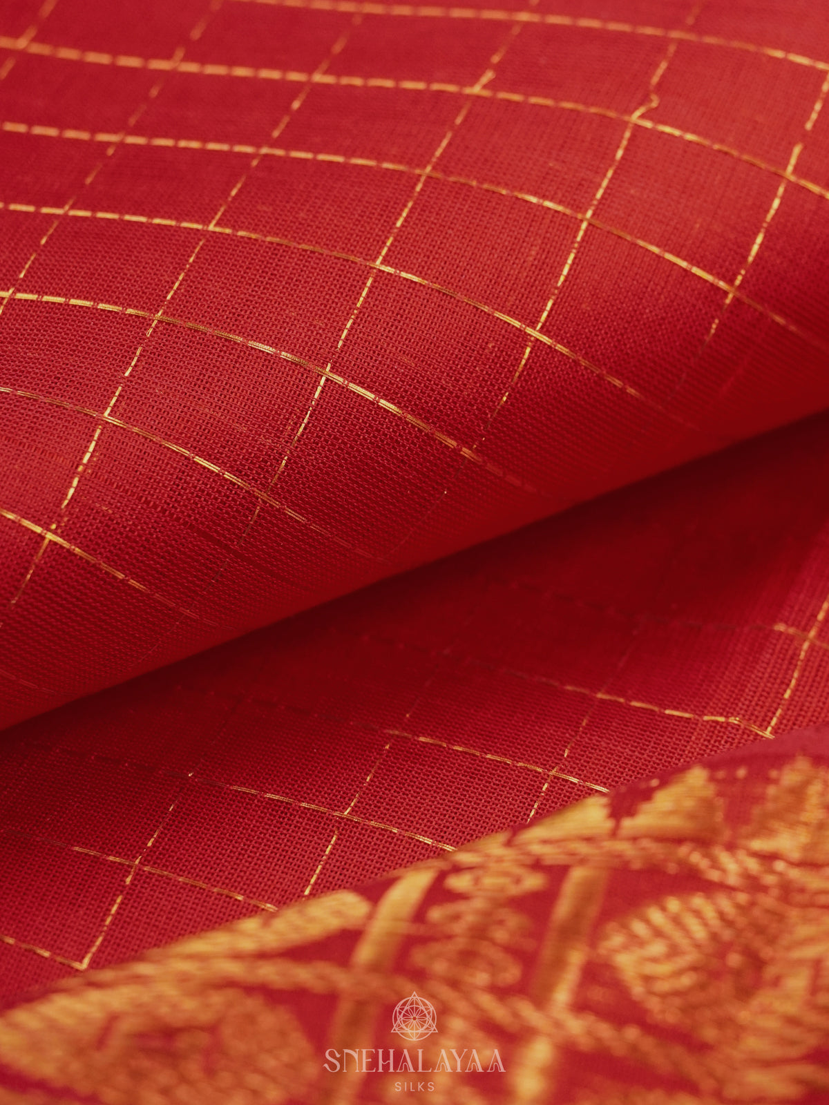 Red Kanchi Silk Cotton Saree with Zari Checks