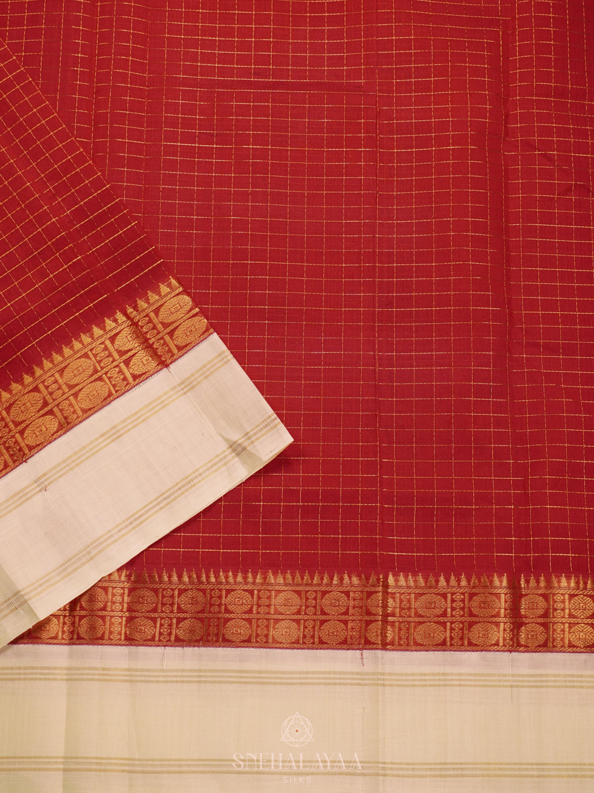 Red Kanchi Silk Cotton Saree with Zari Checks
