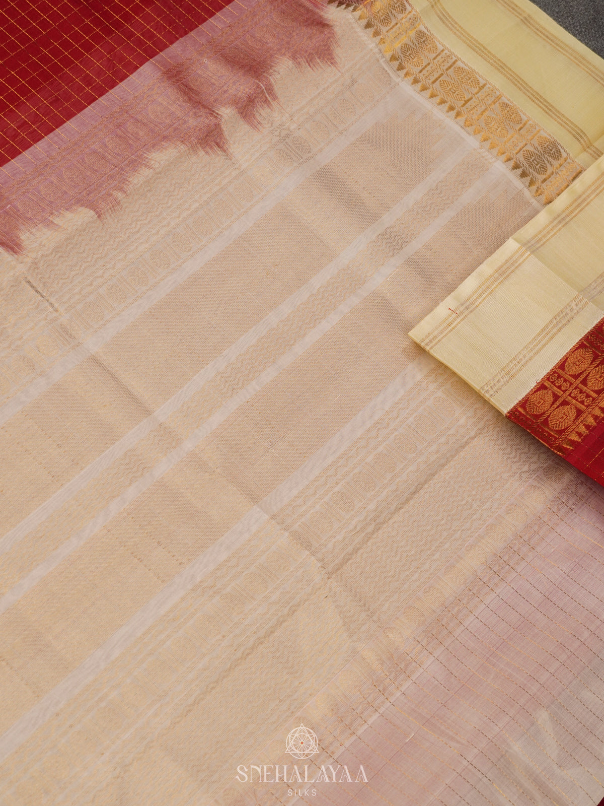 Red Kanchi Silk Cotton Saree with Zari Checks