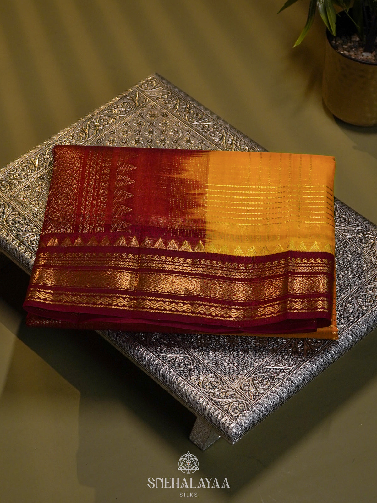Mango Yellow Silk Cotton Saree with Zari Checks and Korvai Style Zari Border