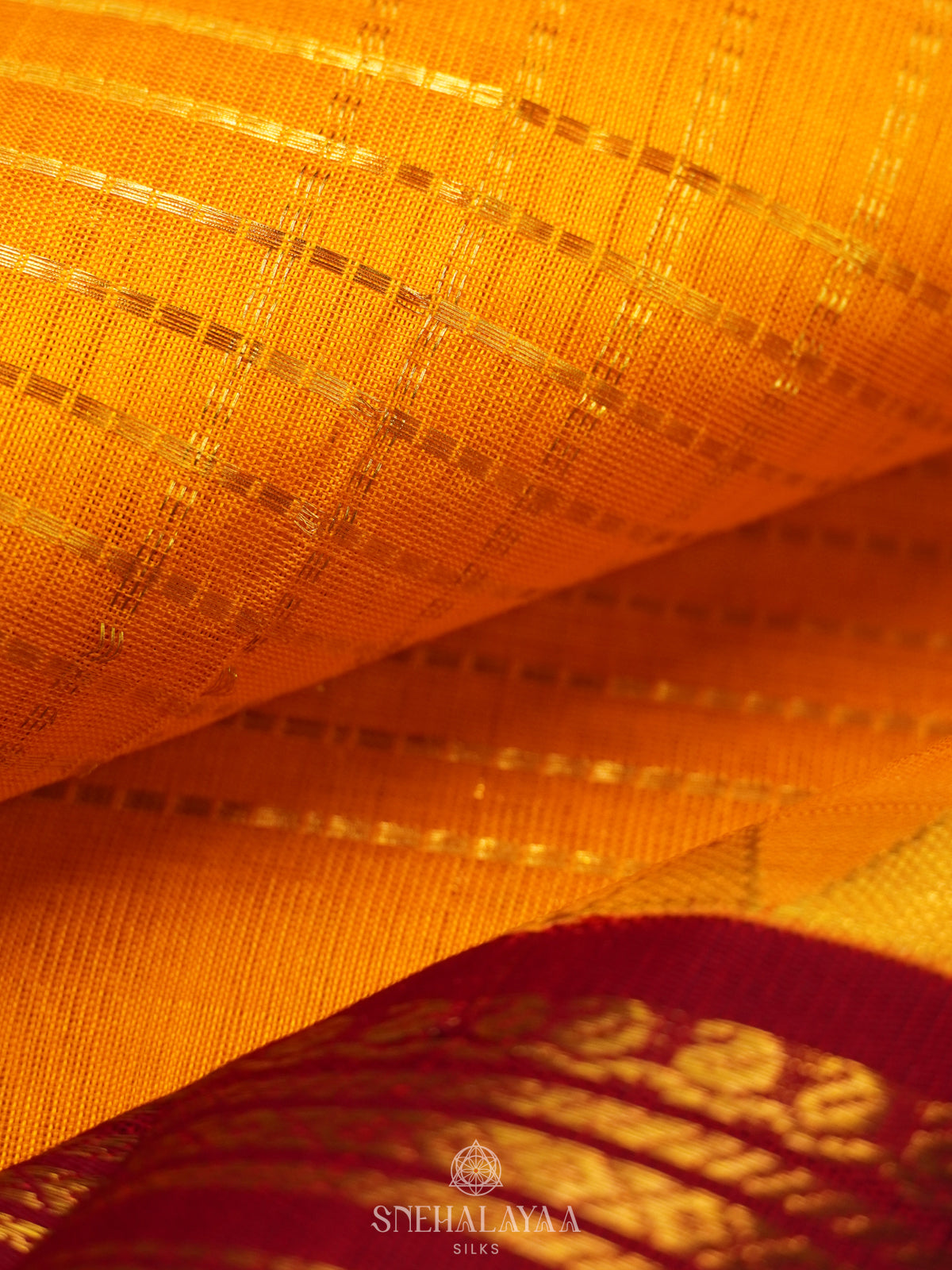 Mango Yellow Silk Cotton Saree with Zari Checks and Korvai Style Zari Border