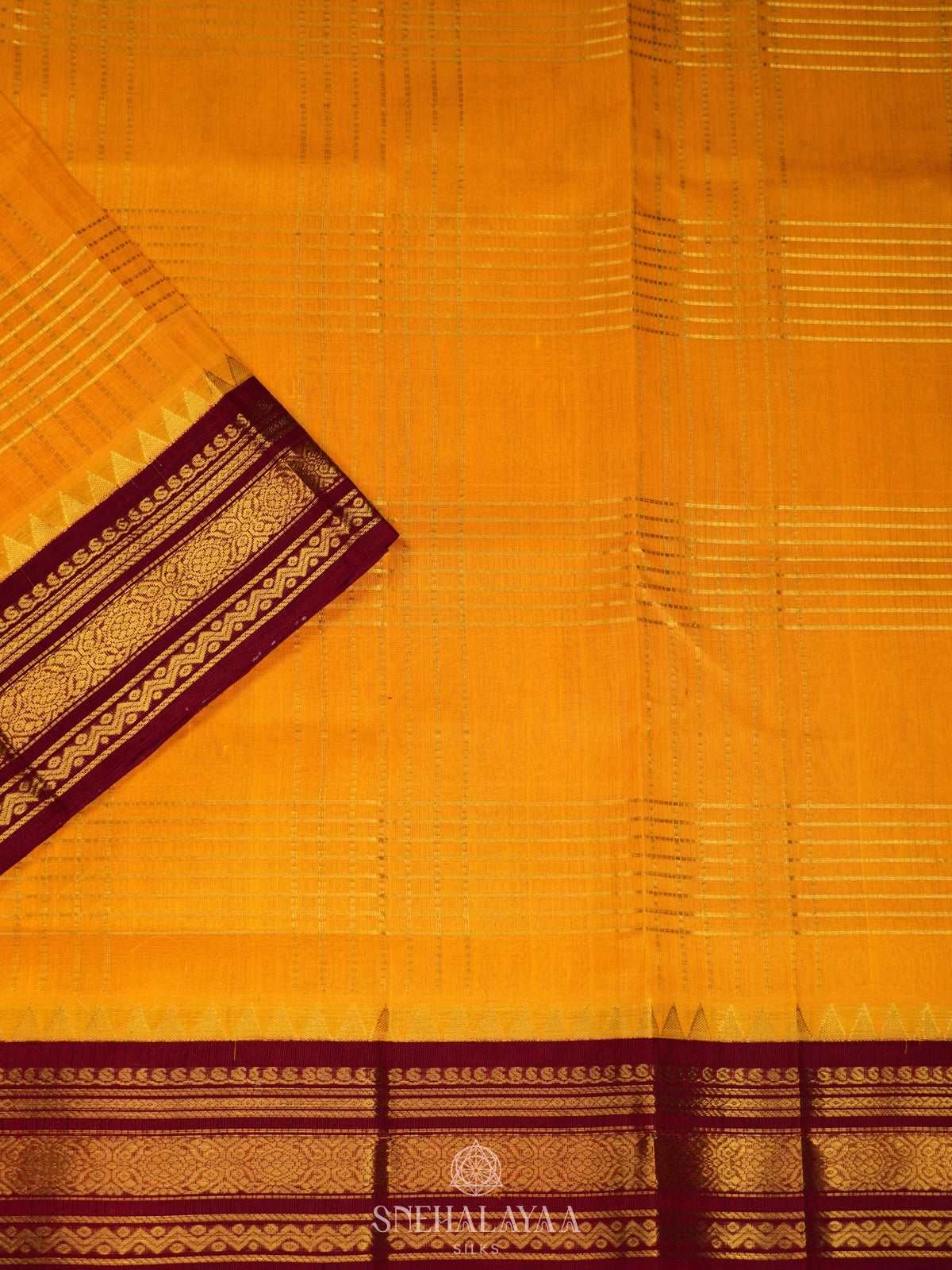Mango Yellow Silk Cotton Saree with Zari Checks and Korvai Style Zari Border