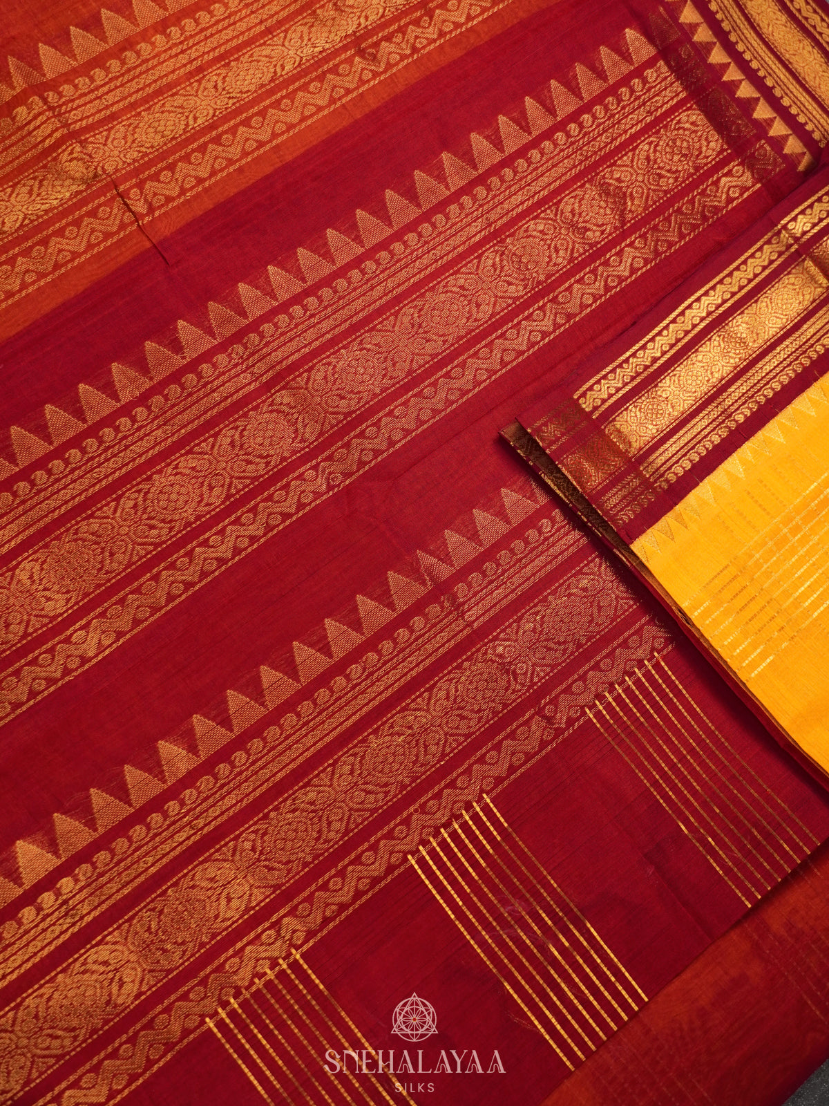 Mango Yellow Silk Cotton Saree with Zari Checks and Korvai Style Zari Border