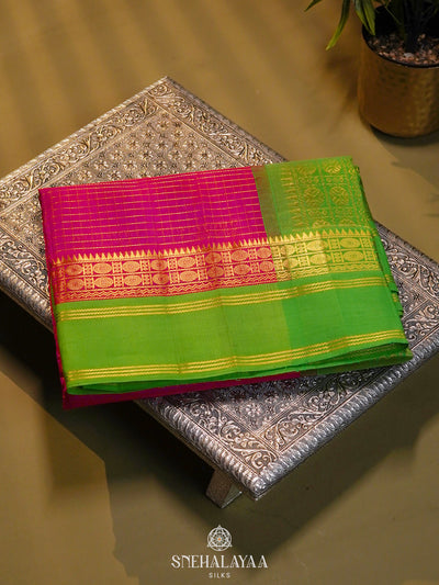 Pink Kanchi Silk Cotton Saree with Zari Checks