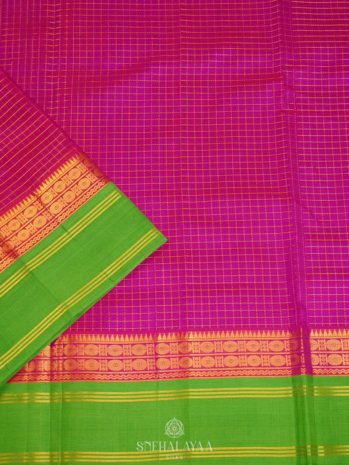 Pink Kanchi Silk Cotton Saree with Zari Checks