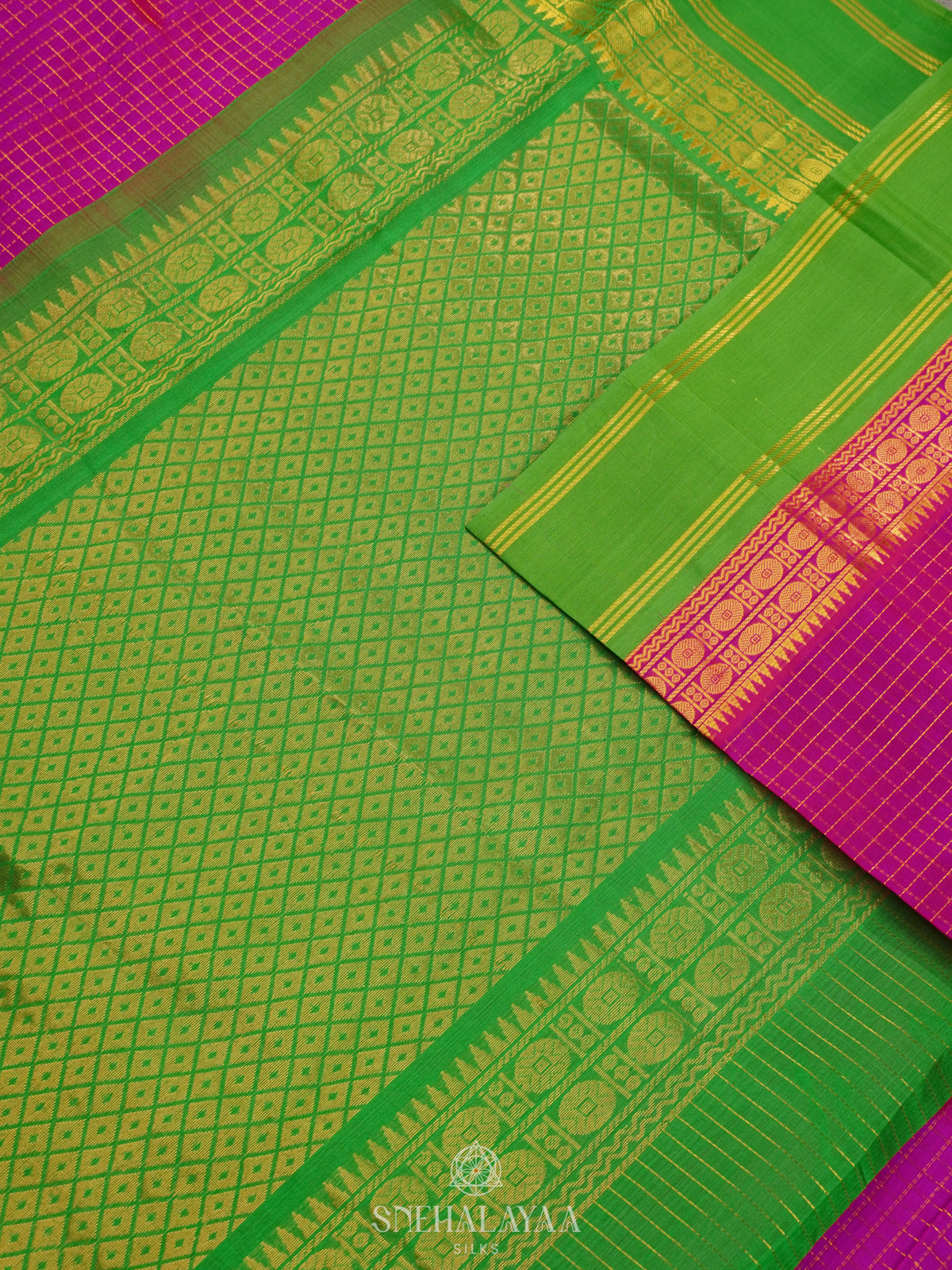 Pink Kanchi Silk Cotton Saree with Zari Checks
