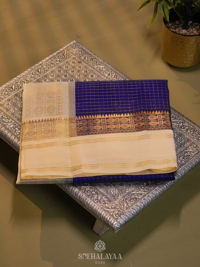 Navy Blue Kanchi Silk Cotton Saree with Zari Checks