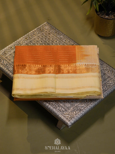Orange Kanchi Silk Cotton Saree with Zari Checks