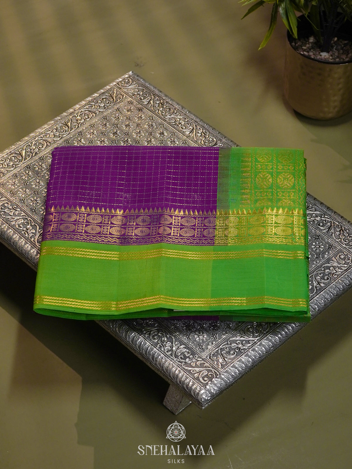 Violet Kanchi Silk Cotton Saree with Zari Checks