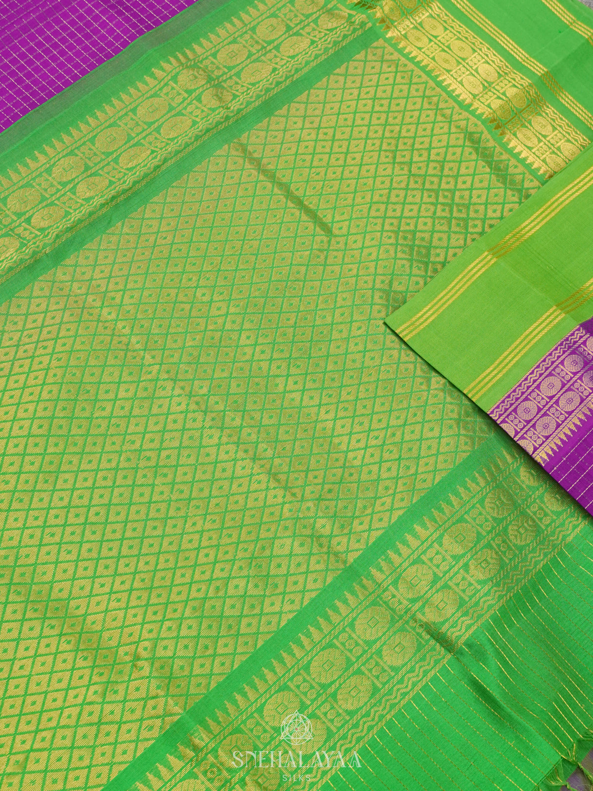 Violet Kanchi Silk Cotton Saree with Zari Checks