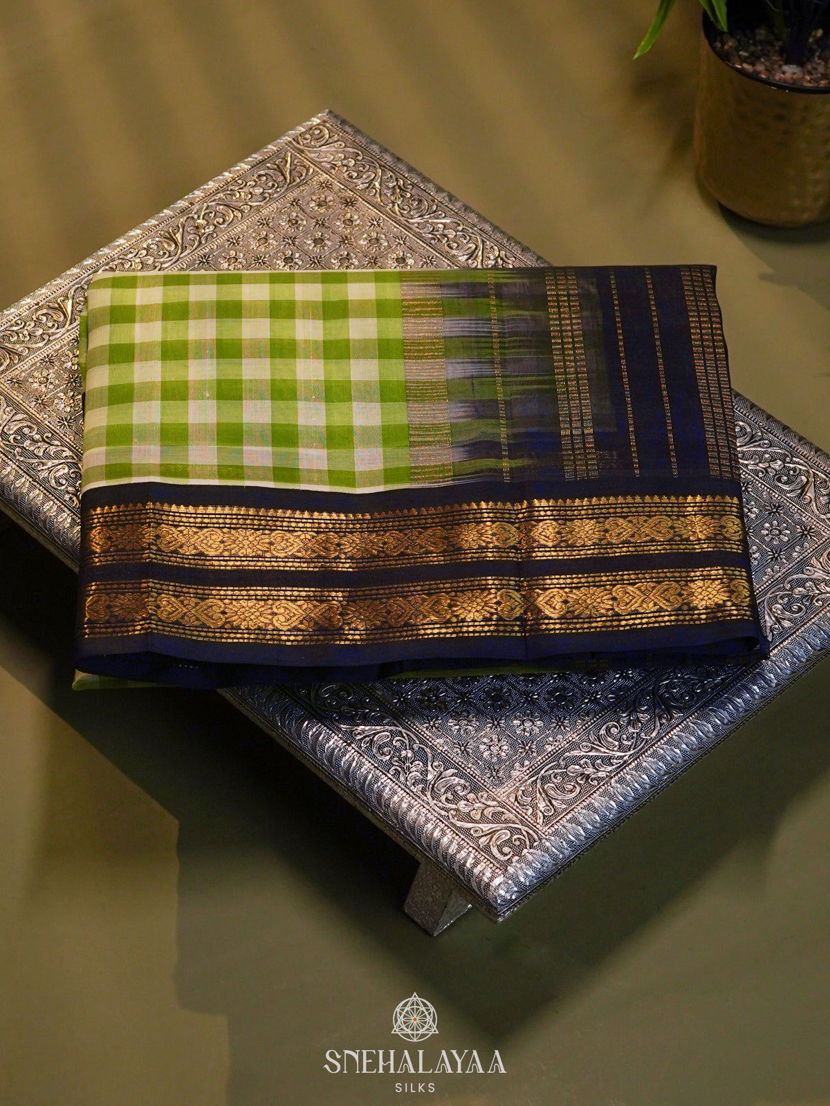 Multicolour Checked Silk Cotton Saree with Paalum Pazhamum Design and Zari Woven Border
