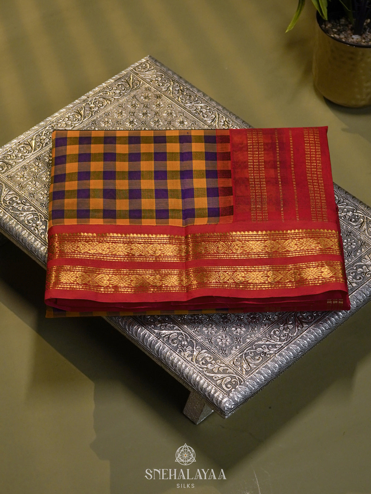 Multicolour Checked Silk Cotton Saree with Paalum Pazhamum Design and Zari Woven Border