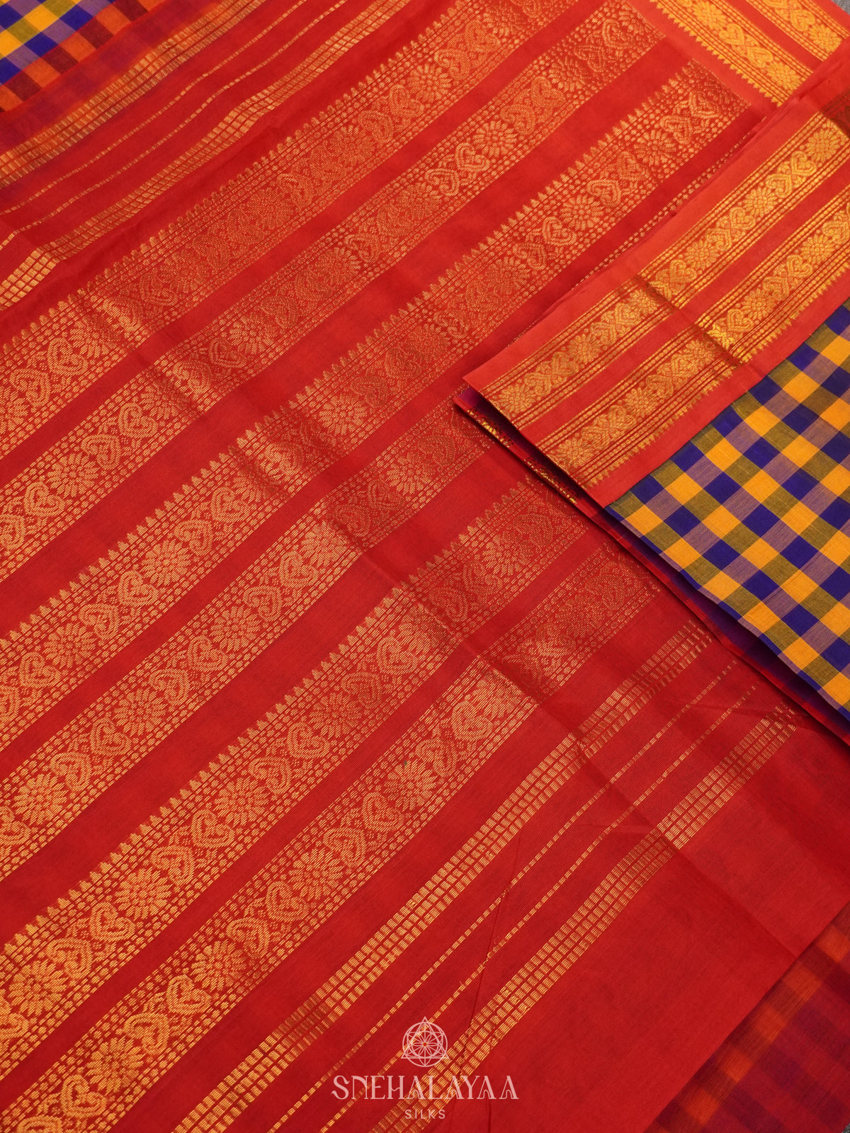 Multicolour Checked Silk Cotton Saree with Paalum Pazhamum Design and Zari Woven Border