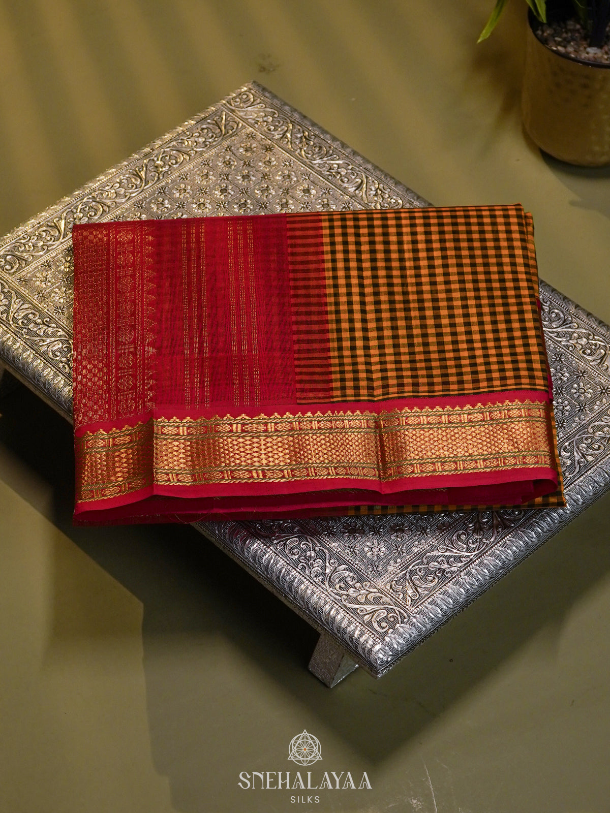 Multicolour Checked Silk Cotton Saree with Paalum Pazhamum Design and Zari Woven Border