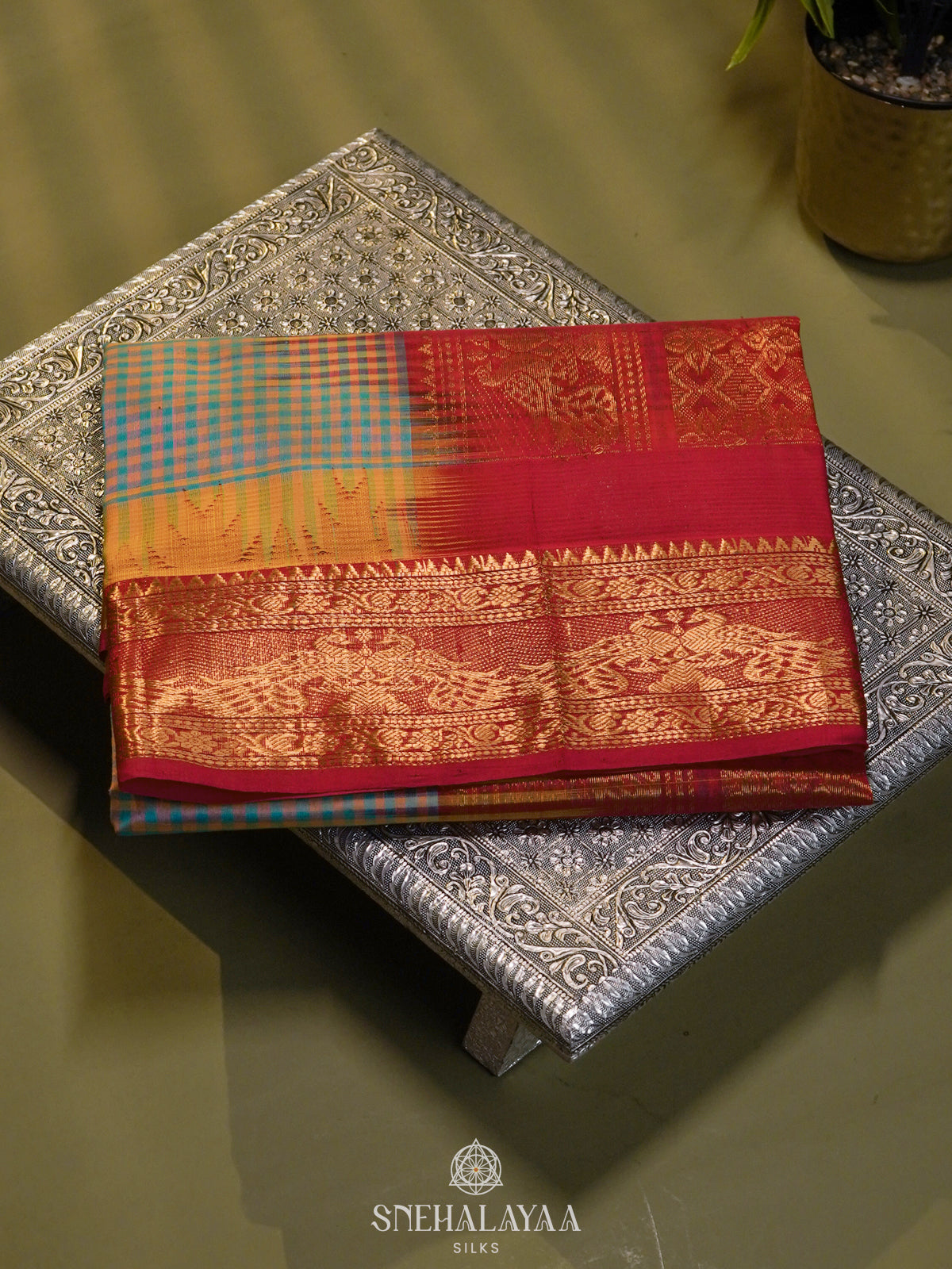 Multicolour Checked Silk Cotton Saree with Paalum Pazhamum Design and Zari Woven Border