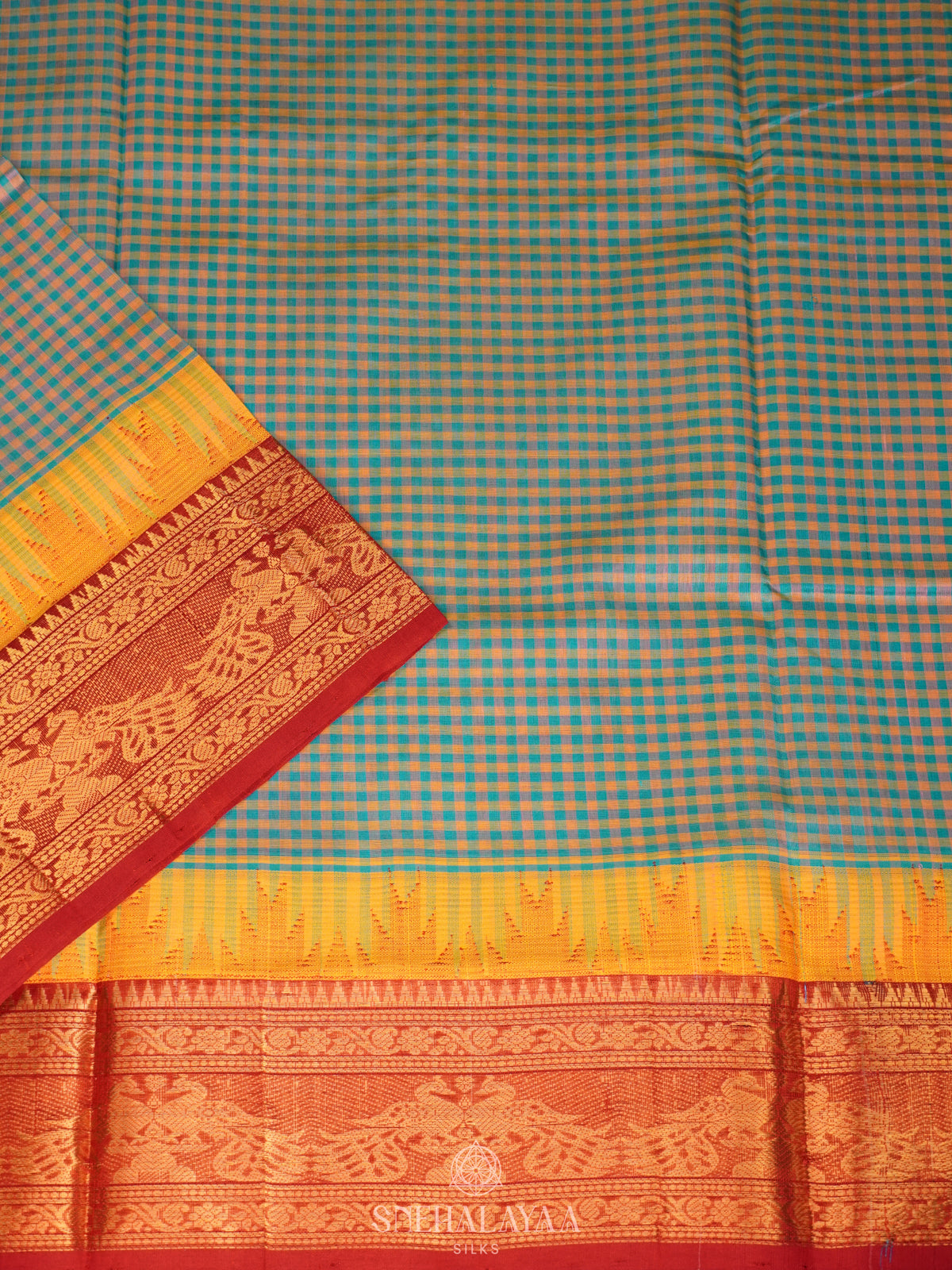 Multicolour Checked Silk Cotton Saree with Paalum Pazhamum Design and Zari Woven Border