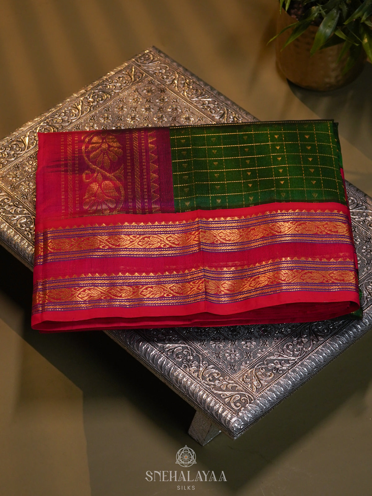 Emerald Green Kanchi Silk Cotton Saree with 1000 Buttas