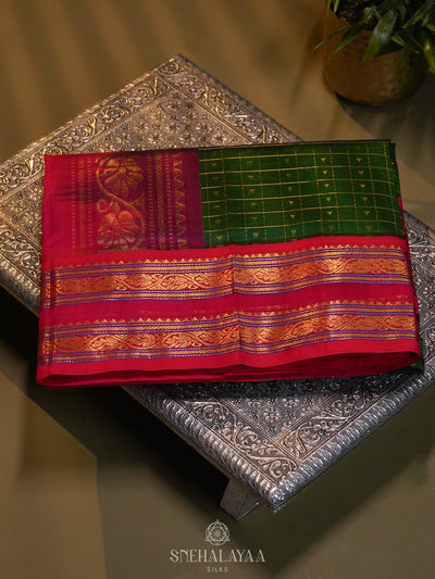 Emerald Green Kanchi Silk Cotton Saree with 1000 Buttas