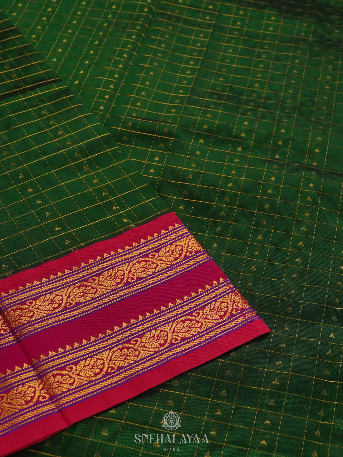 Emerald Green Kanchi Silk Cotton Saree with 1000 Buttas