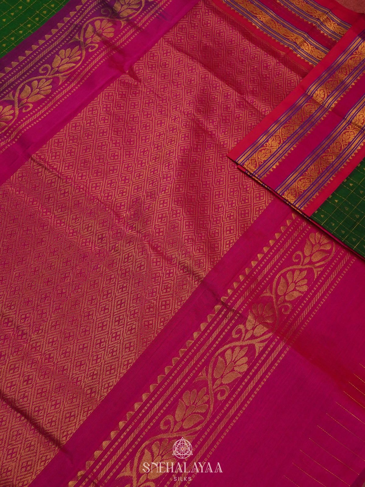 Emerald Green Kanchi Silk Cotton Saree with 1000 Buttas