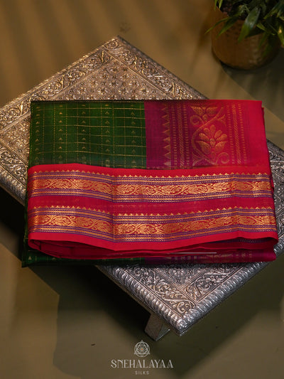 Emerald Green Kanchi Silk Cotton Saree with 1000 Buttas