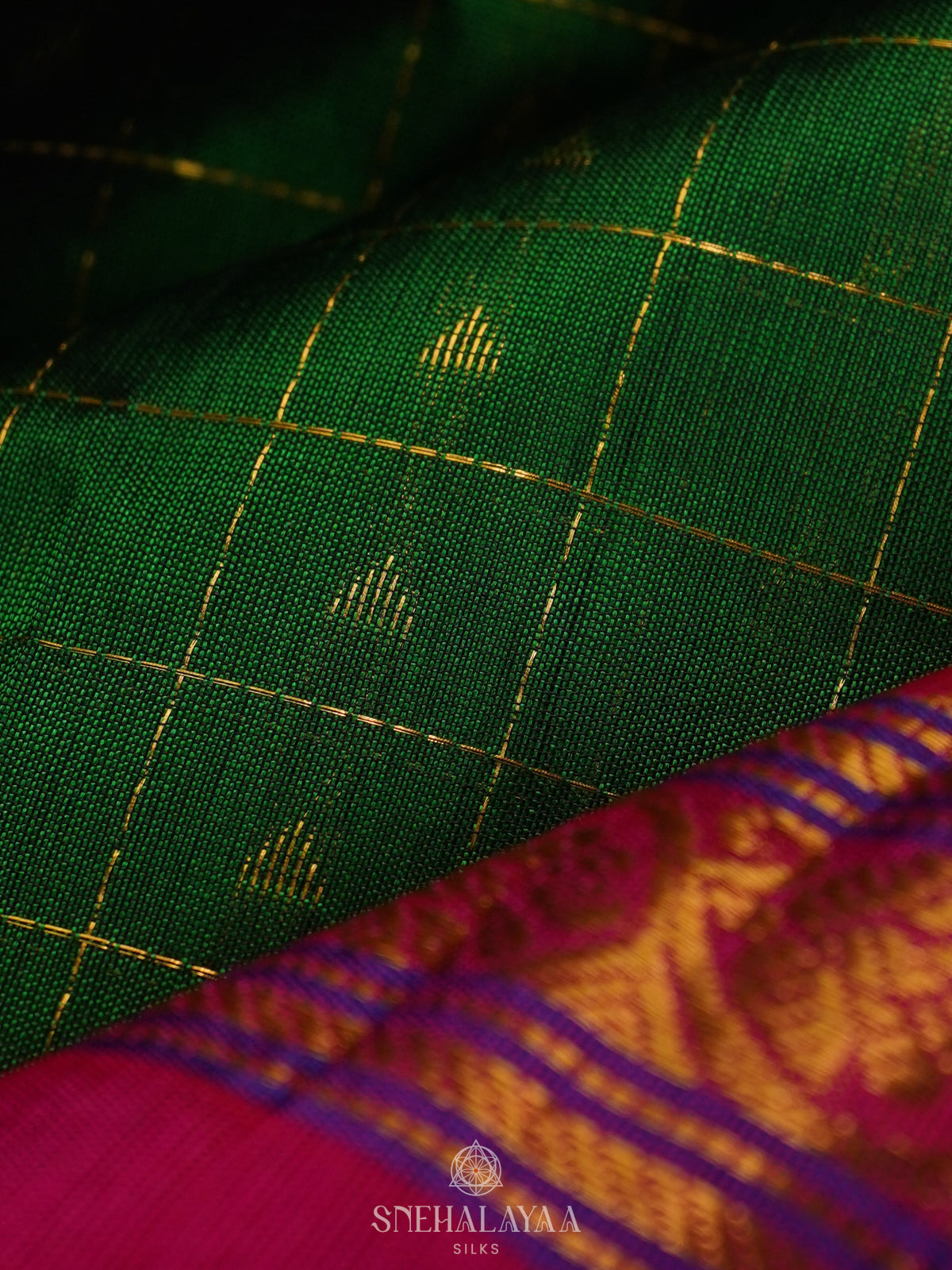 Emerald Green Kanchi Silk Cotton Saree with 1000 Buttas