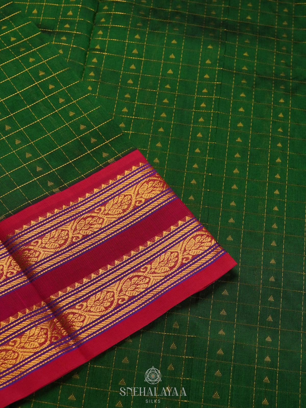 Emerald Green Kanchi Silk Cotton Saree with 1000 Buttas