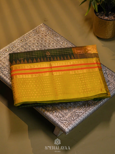 Emerald Green Kanchi Silk Cotton Saree with Zari Checks