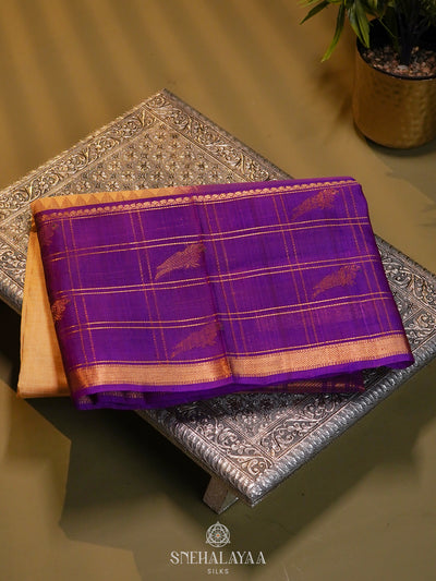 Golden Beige Kanchi Silk Cotton Saree with Zari Checks