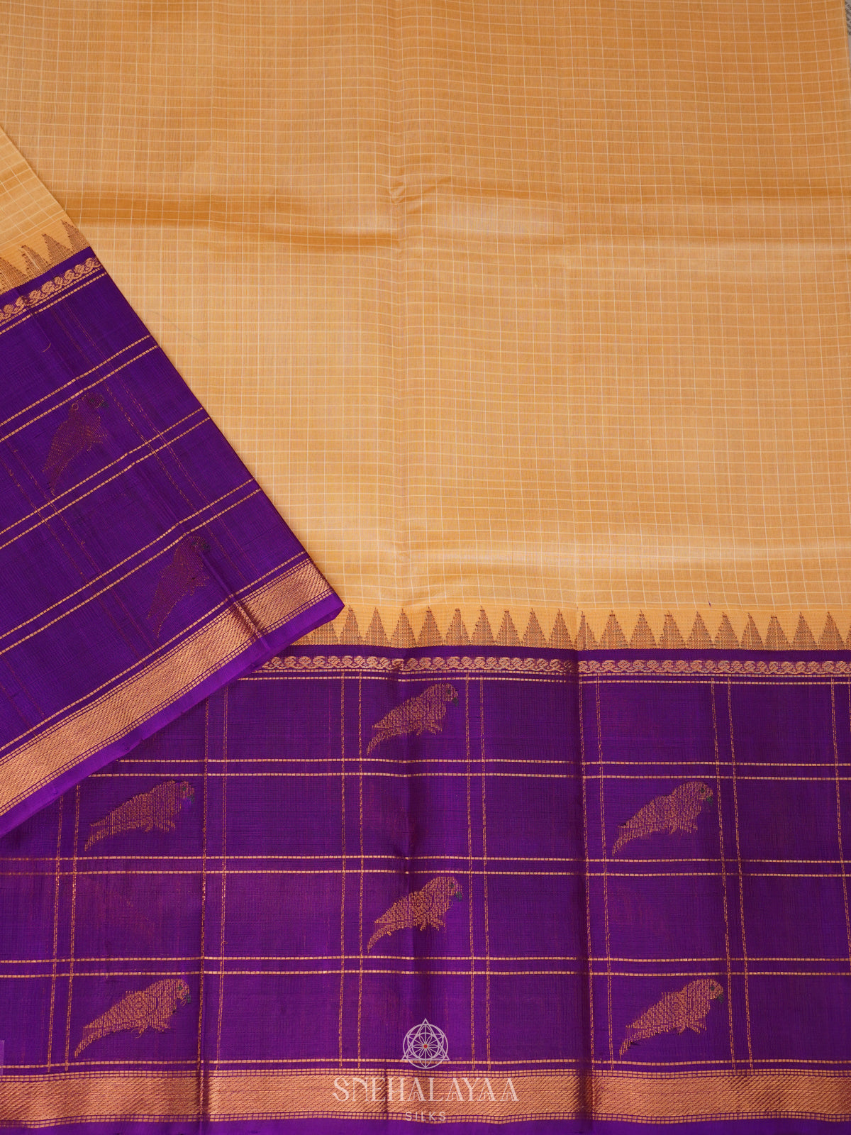 Golden Beige Kanchi Silk Cotton Saree with Zari Checks