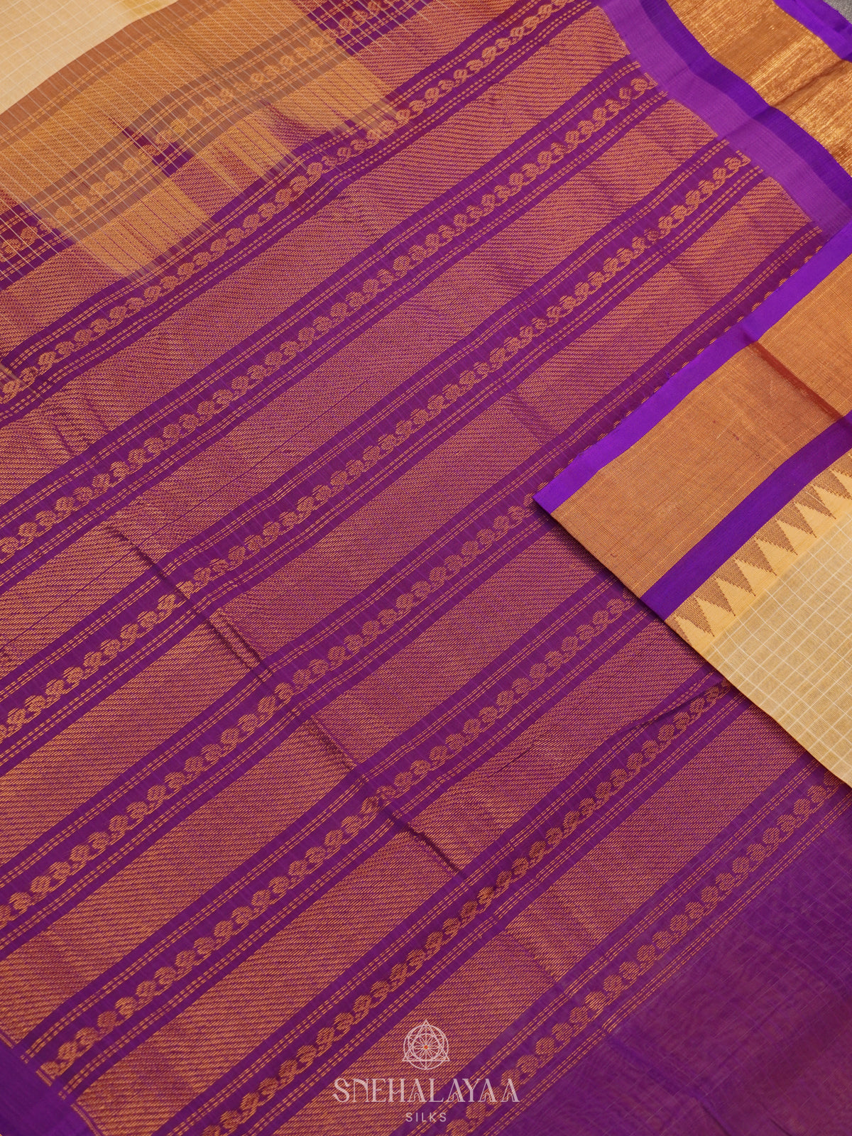 Golden Beige Kanchi Silk Cotton Saree with Zari Checks
