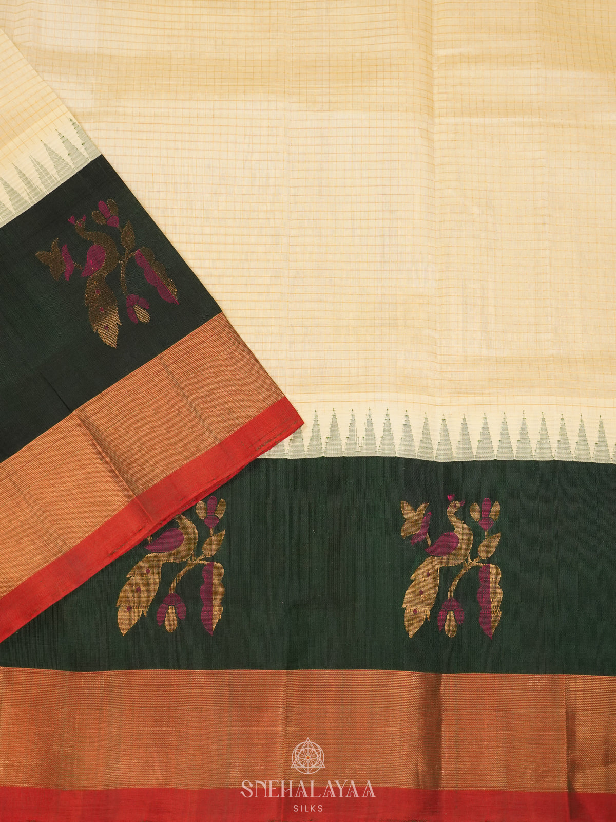 Cream Kanchi Silk Cotton Saree with Zari Checks