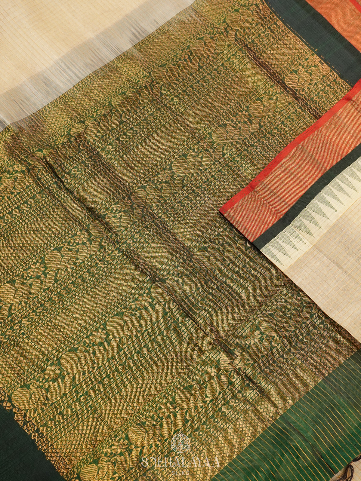 Cream Kanchi Silk Cotton Saree with Zari Checks