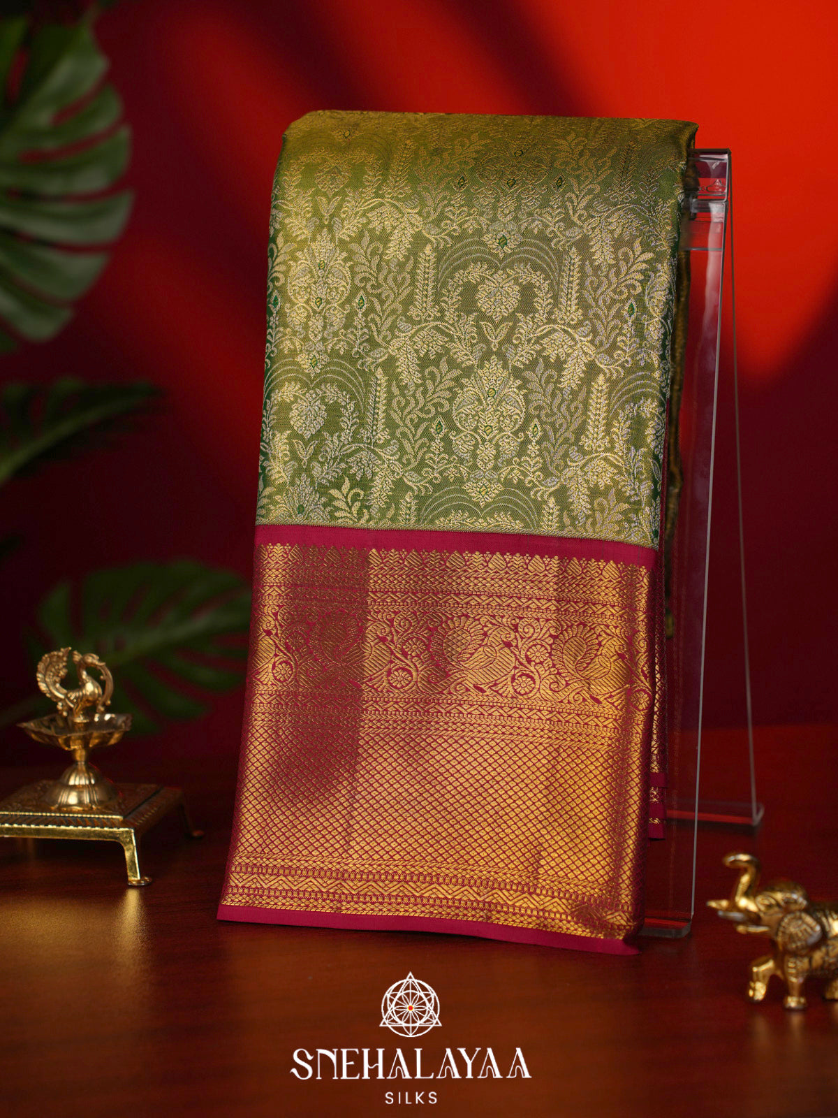 Pale Olive Green Kanjivaram Silk Saree