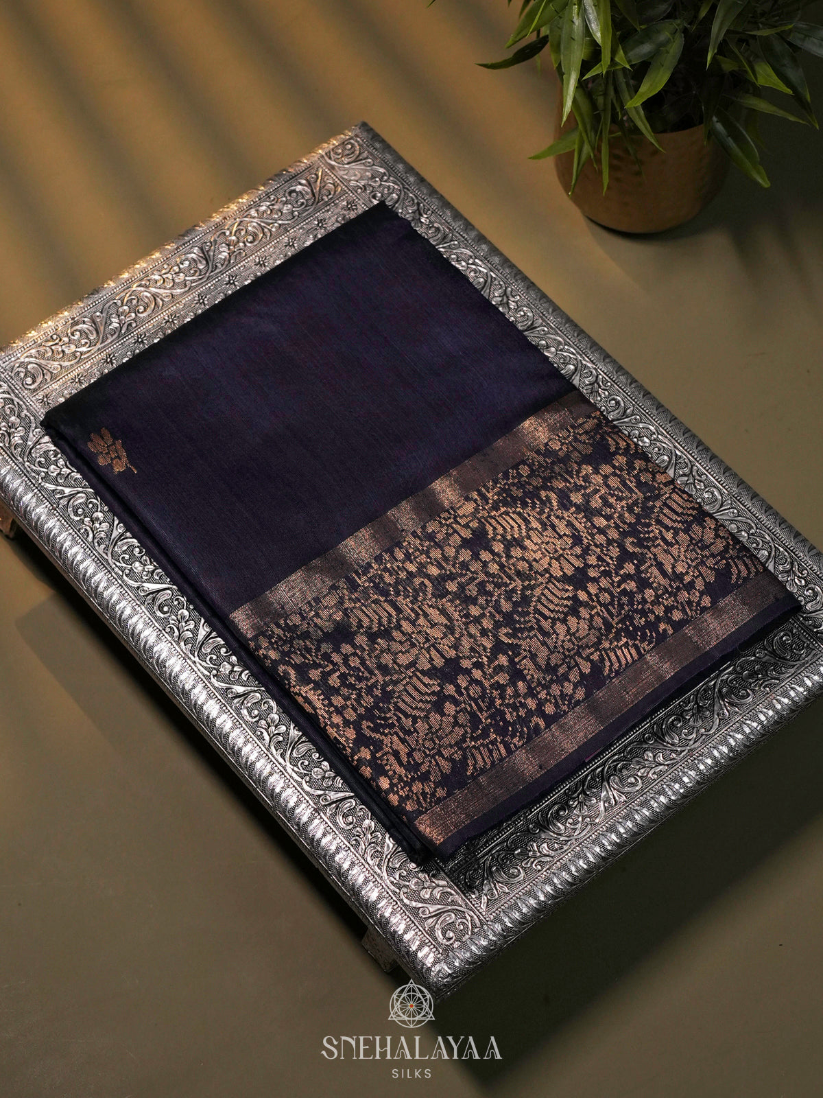 Navy Blue Dupion Silk Saree