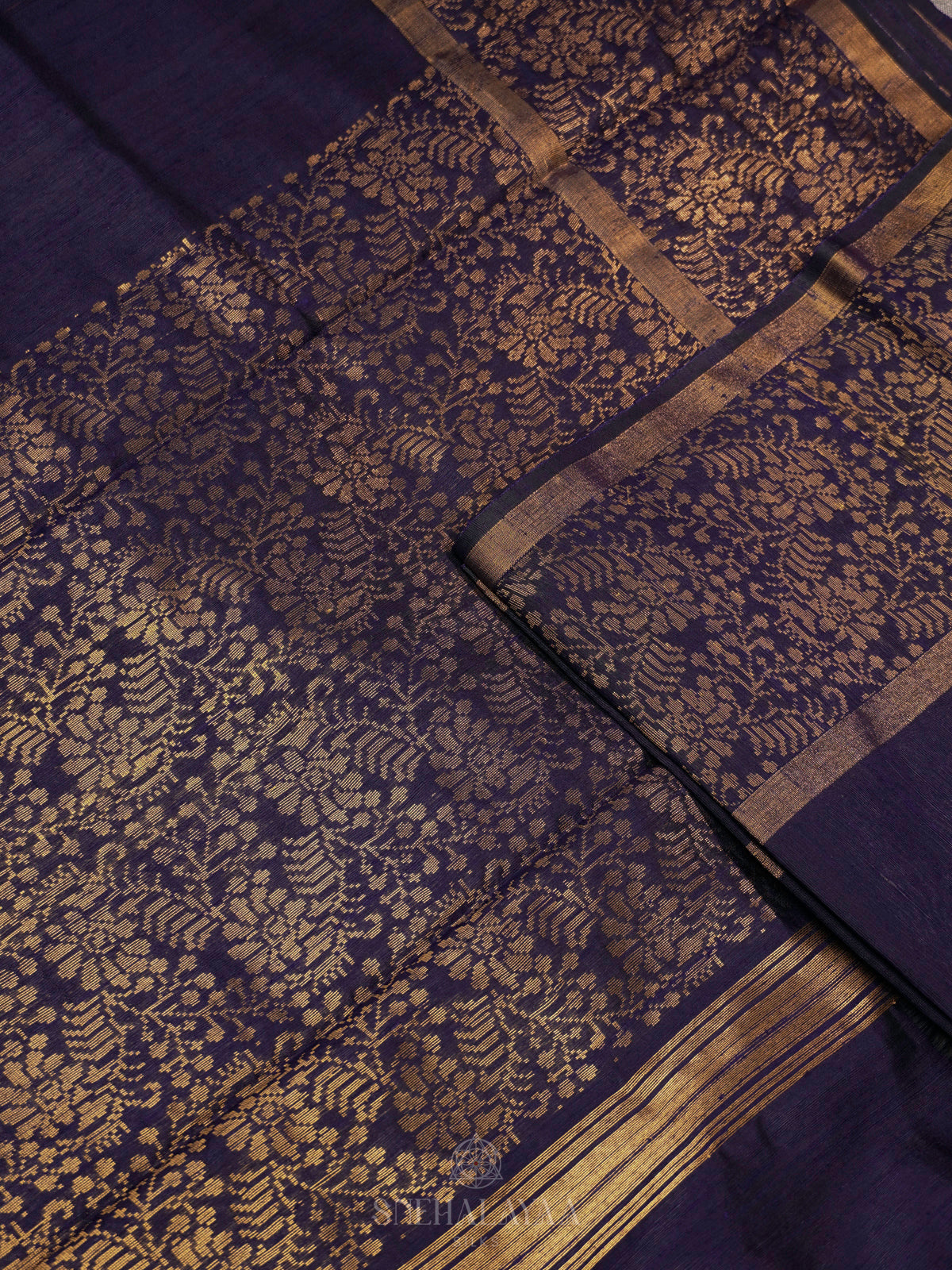 Navy Blue Dupion Silk Saree