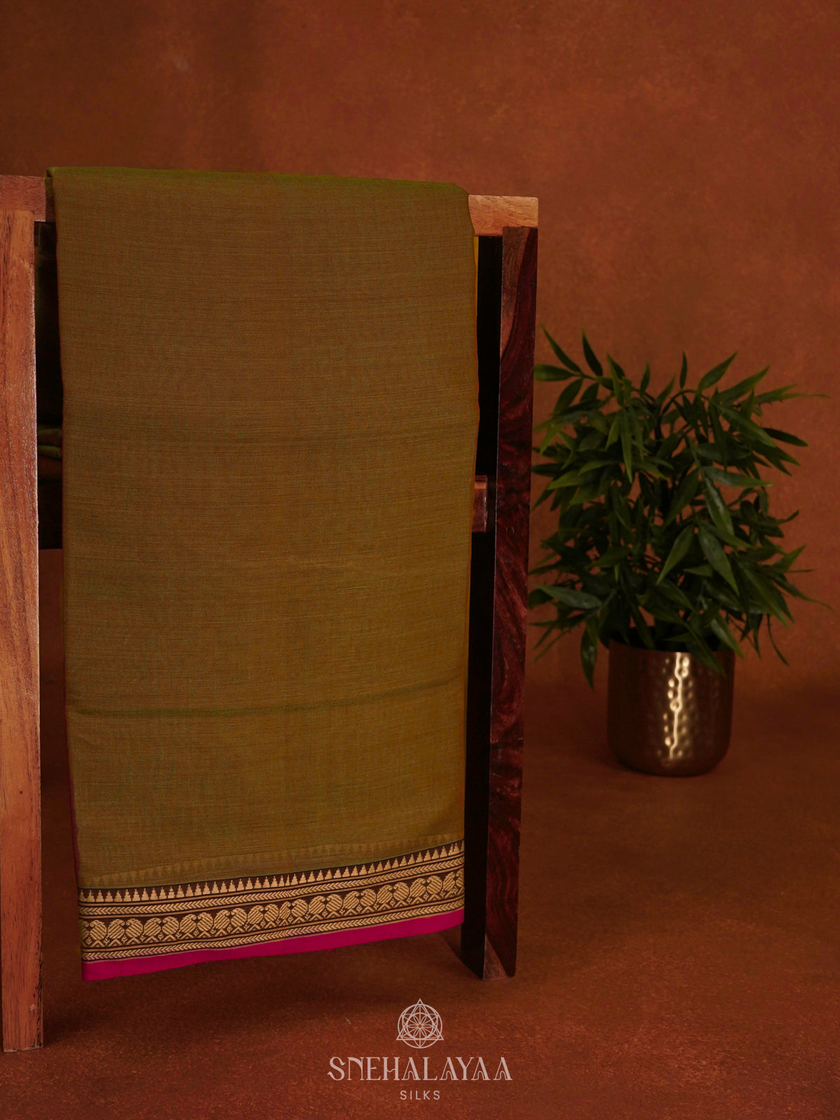 Khaki Green Narayanpet Cotton Saree without Blouse